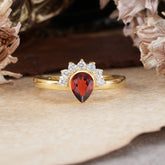 Unique Pear Cut Halo Garnet Engagement Ring Bezel Cluster Ring